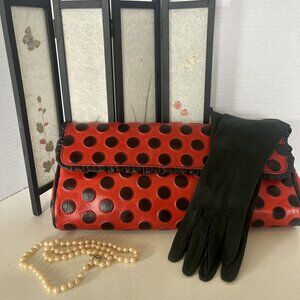 Arcadia Red & Black Polka Dot Versatile Shoulder Bag/Clutch Leather Ruffle Italy